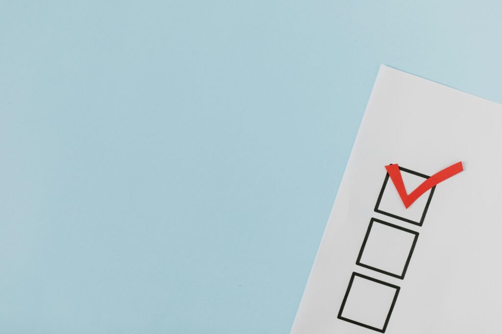 Sheet of paper with check boxes for a survey.